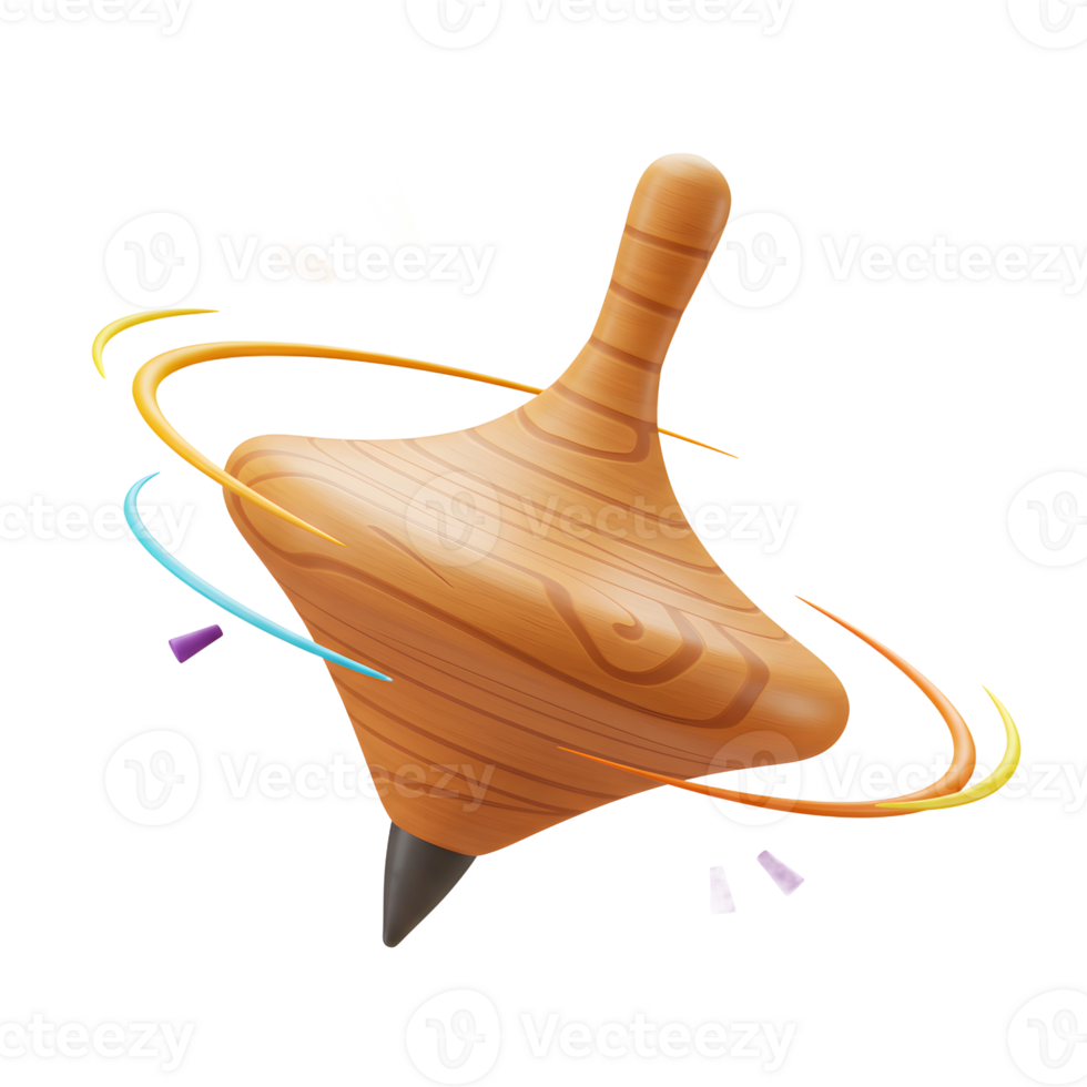 A cheerful wooden spinning top twirls, leaving colorful trails. Its warm wood grain and playful design create a joyful, nostalgic mood. png