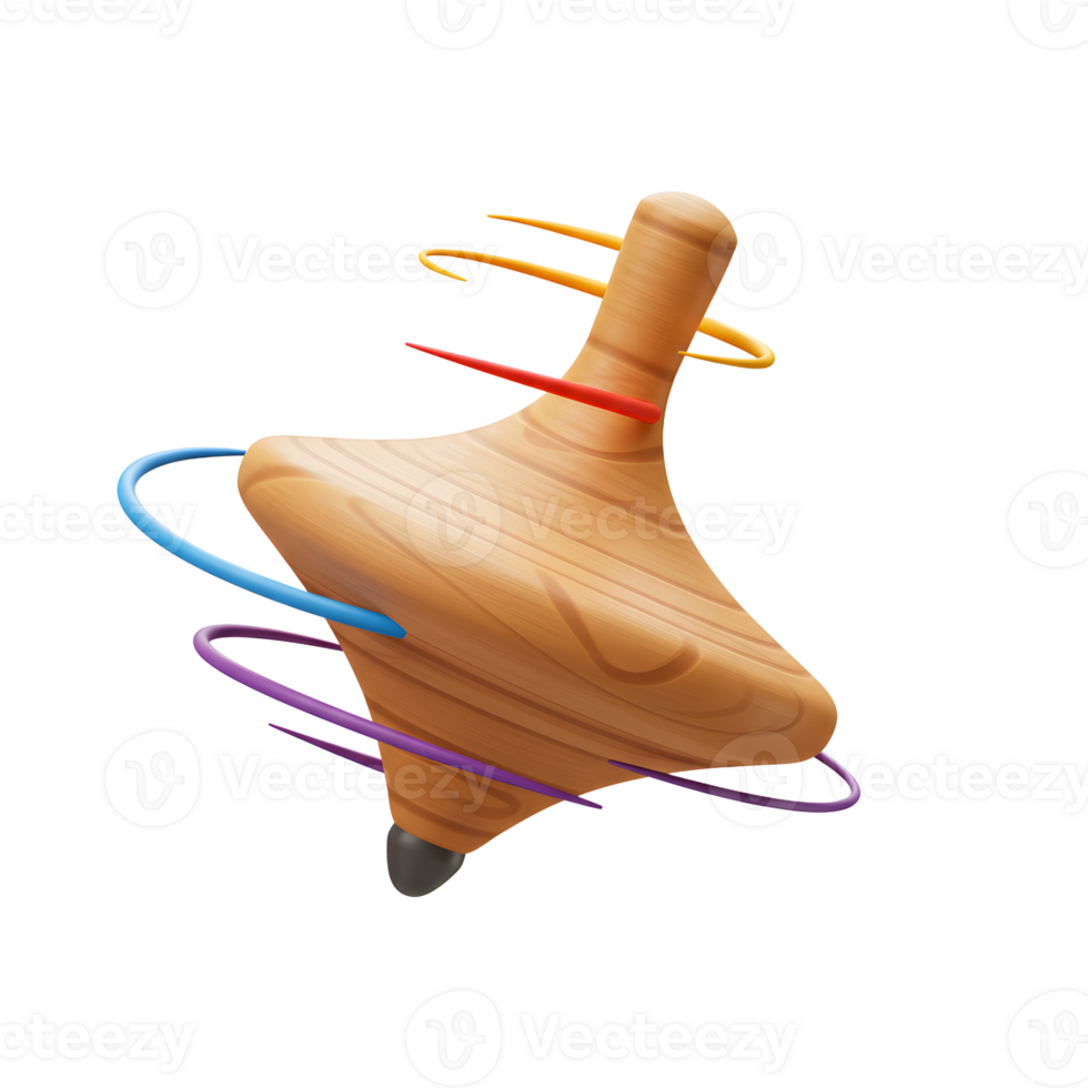 A charming wooden top spins dynamically, colorful trails swirling around it. Playful and nostalgic, this image evokes a sense of childlike wonder. png