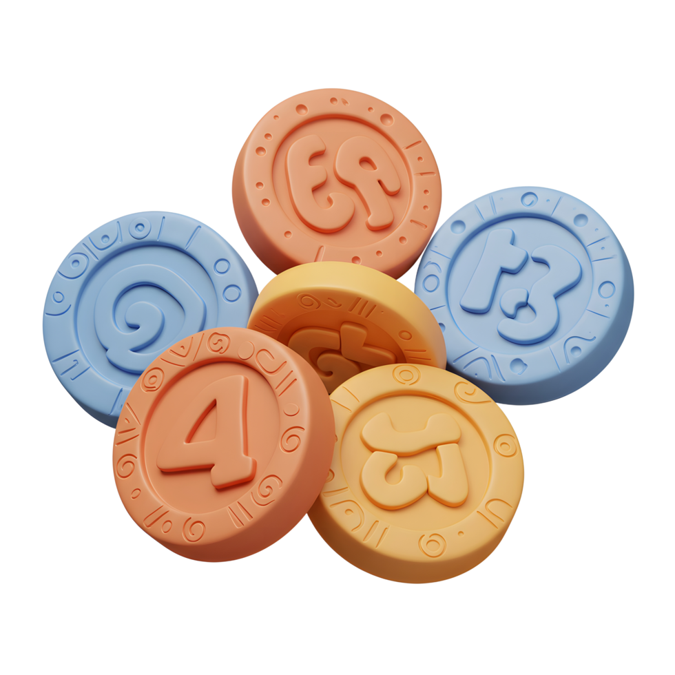 A cluster of pastel-colored, 3D-rendered coins, each featuring a playful number, creates a charming and slightly whimsical scene. png