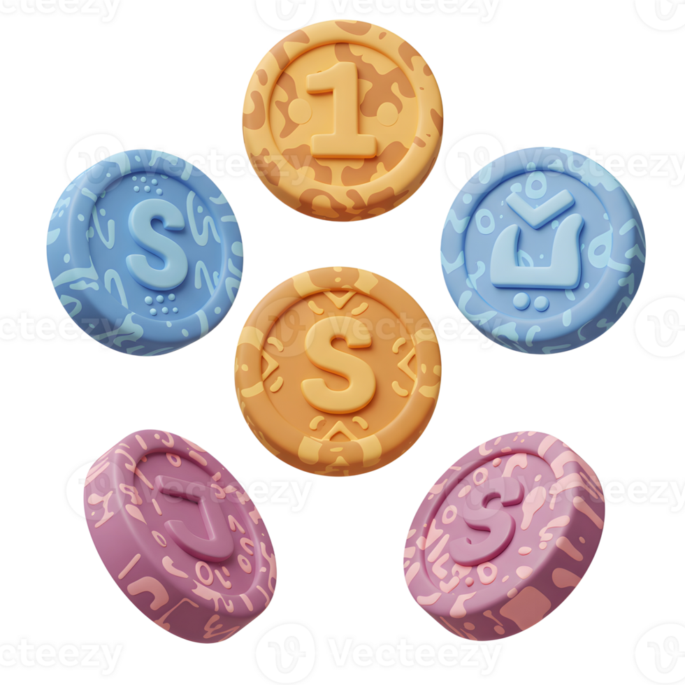Six playful coins float, each showcasing a unique letter and vibrant pastel pattern. A cheerful and modern design, perfect for branding or playful visuals. png