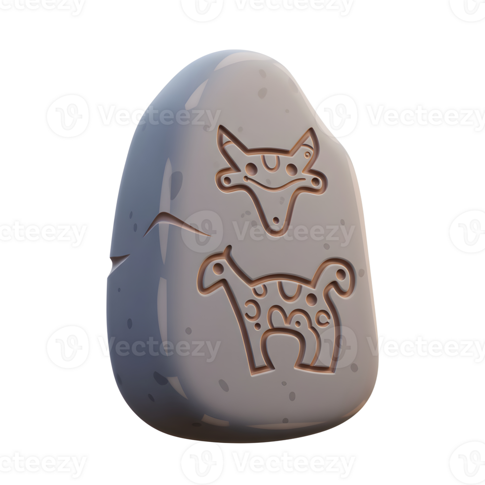 A smooth, grey stone tablet features charmingly etched animals. A deer and a stylized ox-like creature are carved in a warm, pastel tone. The scene feels both ancient and whimsical. png