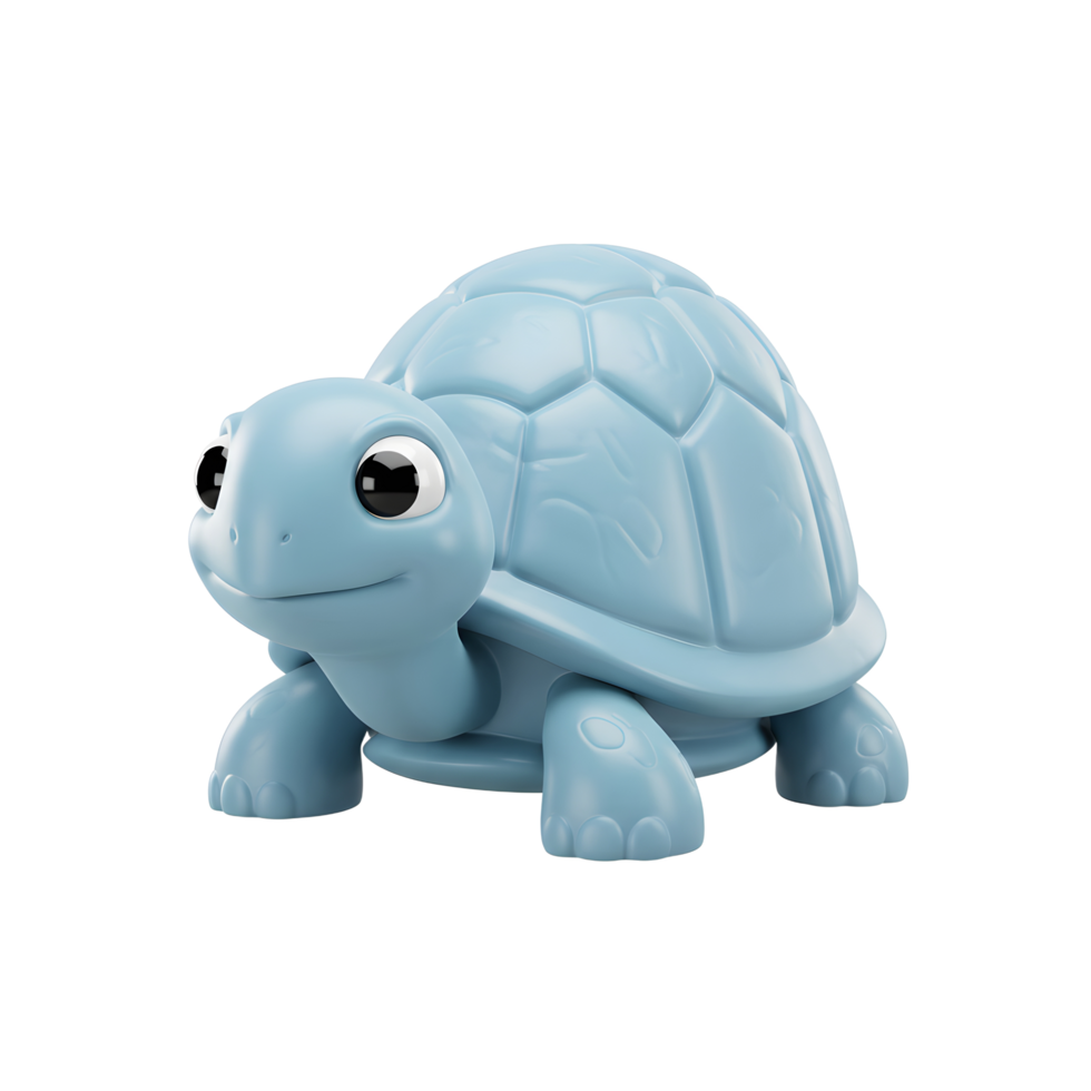 A sweet, light-blue plastic turtle toy with big eyes smiles cheerfully. Its smooth shell and adorable features create a calm, playful mood. png