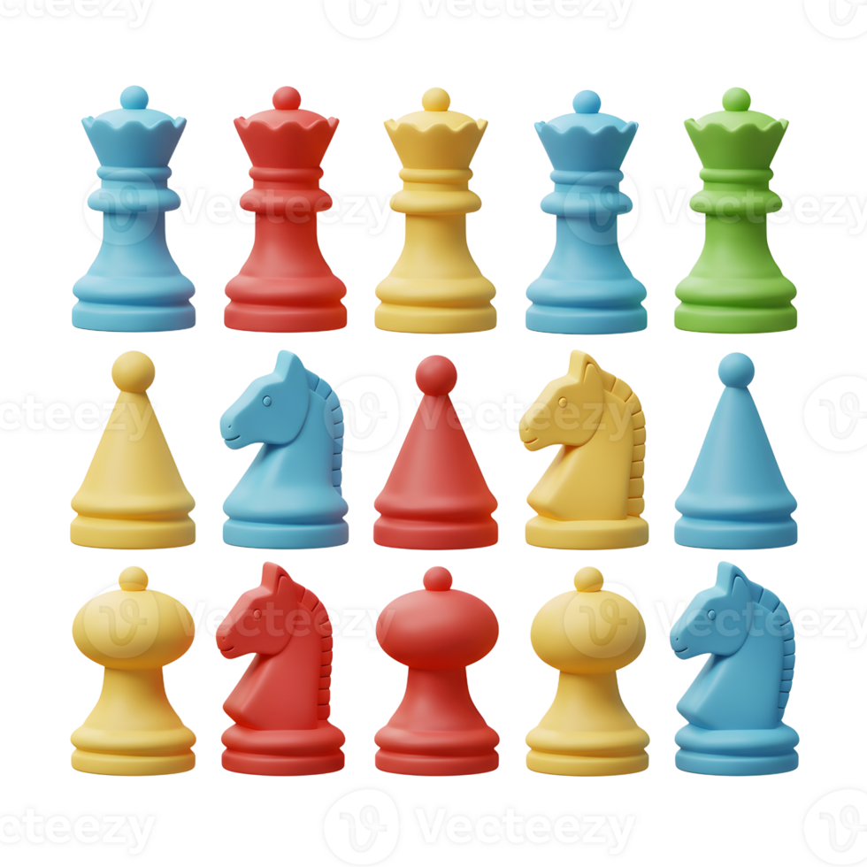 A vibrant collection of chess pieces, rendered in cheerful 3D, showcases a retro aesthetic. Each piece is brightly colored, creating a fun and playful mood. png