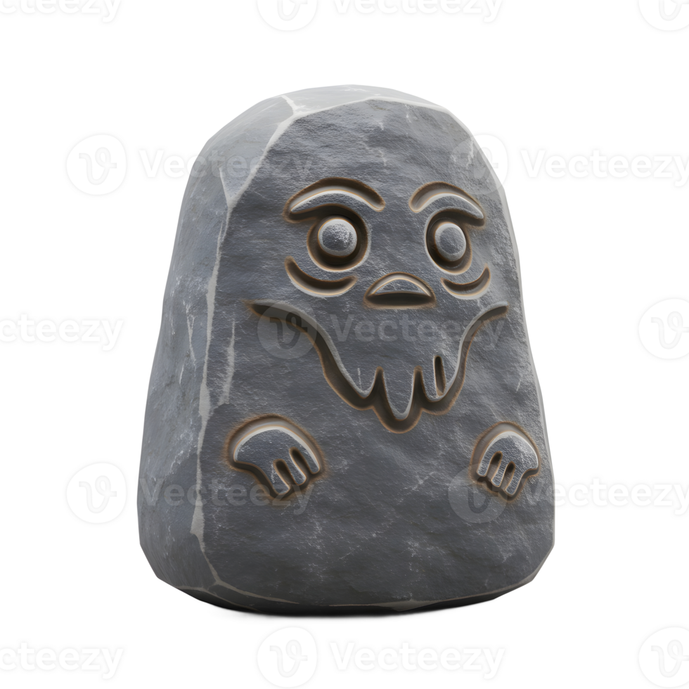 A weathered grey stone, intricately carved with a whimsical creature's face and hands, evokes a mysterious and ancient mood. Simple yet captivating. png
