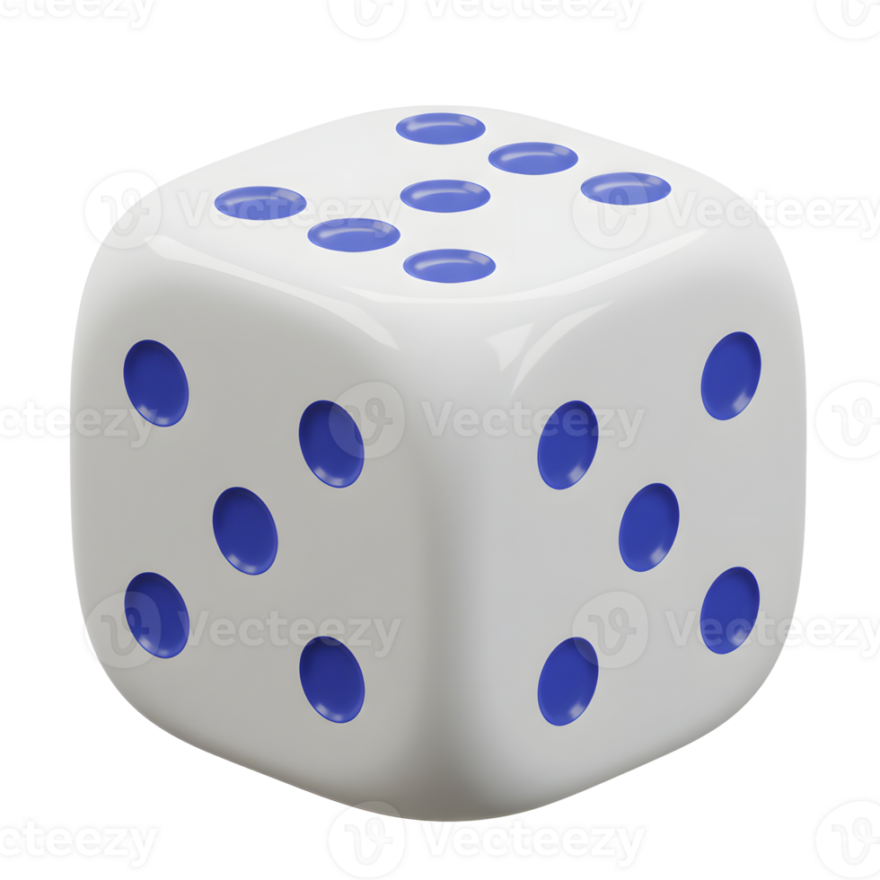A single, perfectly rendered white die displays a five, its blue dots sharp against the clean background. The image evokes a sense of simplicity and chance. png
