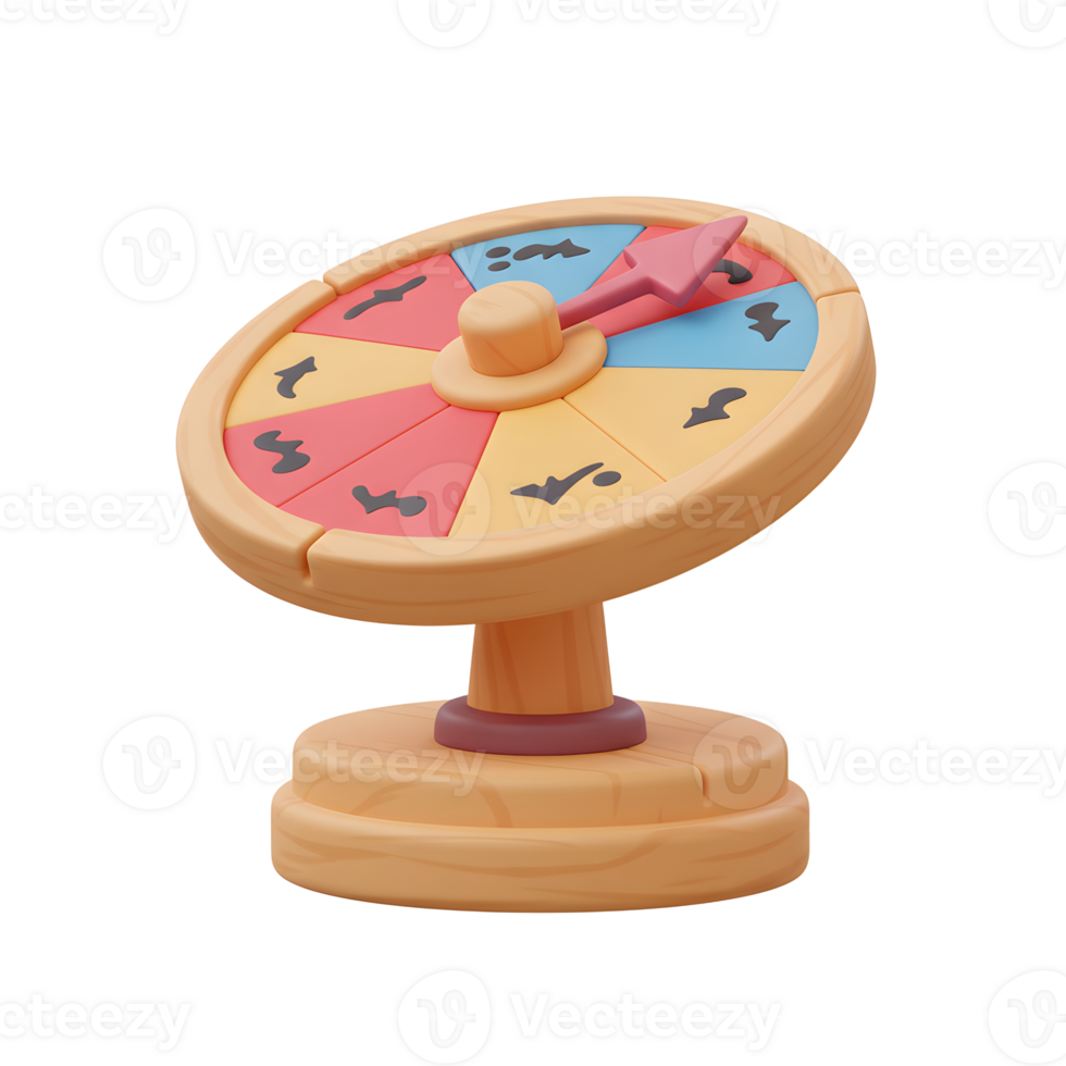 A cheerful, pastel-colored spin wheel sits ready for a game. Its wooden base and playful design create a joyful, inviting atmosphere. png