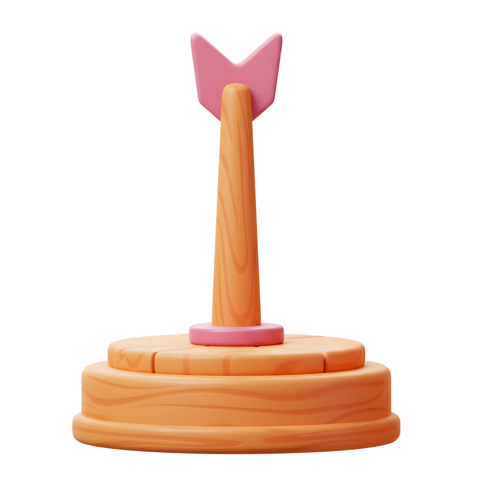 A charming, cartoonish 3D rendering of a wooden arrow target, featuring a pink arrow and light orange base. Simple yet sweet png