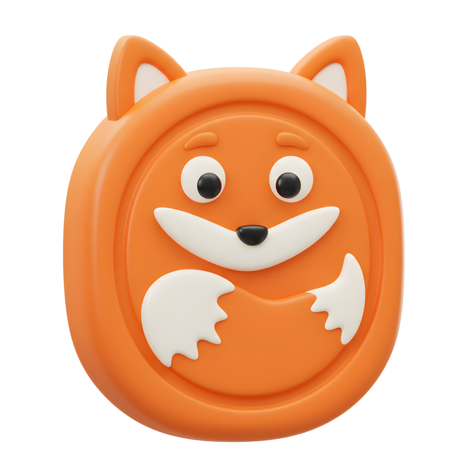 A cute, orange fox smiles warmly from a 3D-rendered, rounded icon. Its playful design creates a cheerful and friendly mood. png