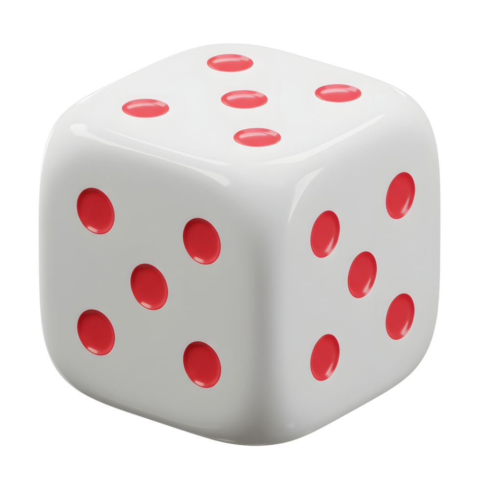 A single, glossy white die rests against a stark white background. Bold red dots stand out, creating a minimalist yet striking image. Clean and modern. png
