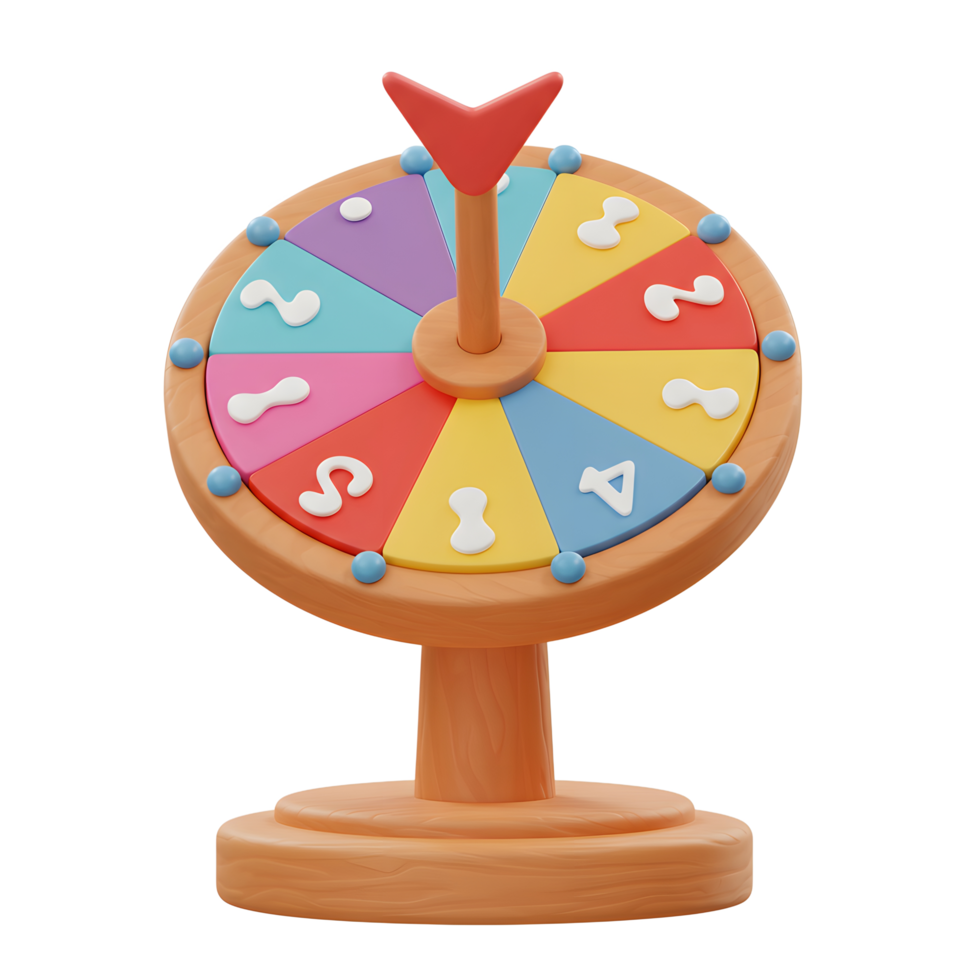 A cheerful, colorful spin wheel invites playful fun Its bright segments and wooden base create a charming, whimsical feel. Ready to spin png