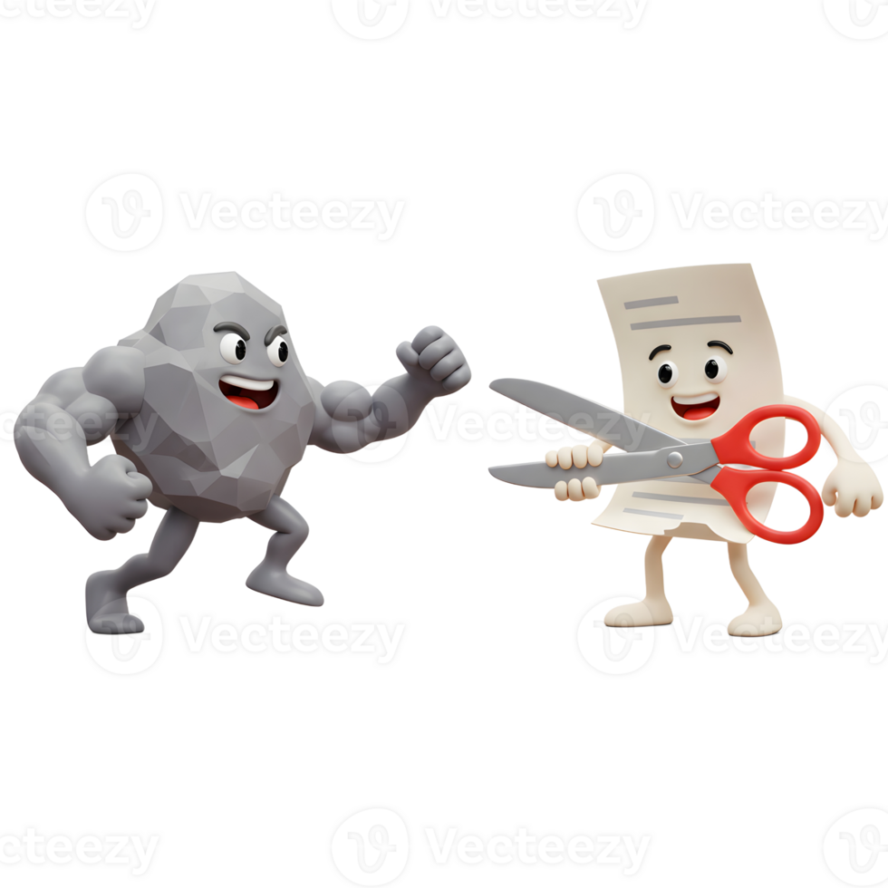 A strong rock character confronts a cheerful receipt character wielding scissors, creating a humorous and dynamic scene. The mood is playful yet tense. png