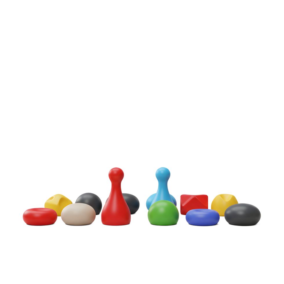 A vibrant collection of colorful game pieces, including pawns and geometric shapes, arranged against a stark white background. The scene feels playful yet sophisticated. png