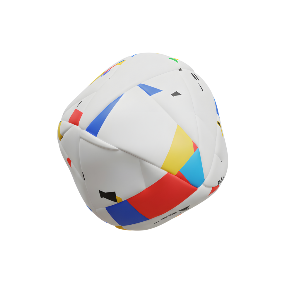 A playful, white ball features bold geometric shapes in red, yellow, and blue. Its modern, artistic design creates a dynamic and eye-catching visual. png