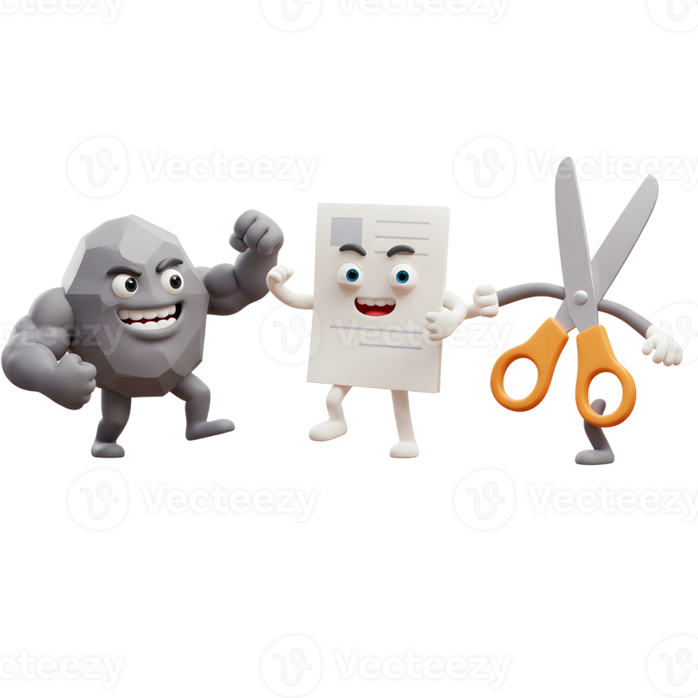 A strong rock character faces off against a paper and scissors duo in a fun, 3D cartoon scene. Their playful expressions and dynamic poses create a lighthearted mood. png
