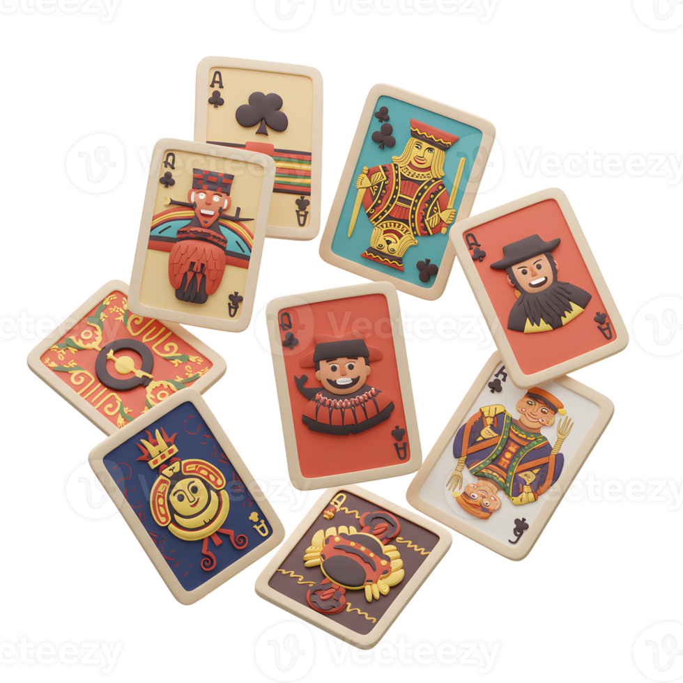 A playful scattering of handcrafted clay playing cards, each featuring unique folk art characters and vibrant colors. The scene is cheerful and imaginative. png