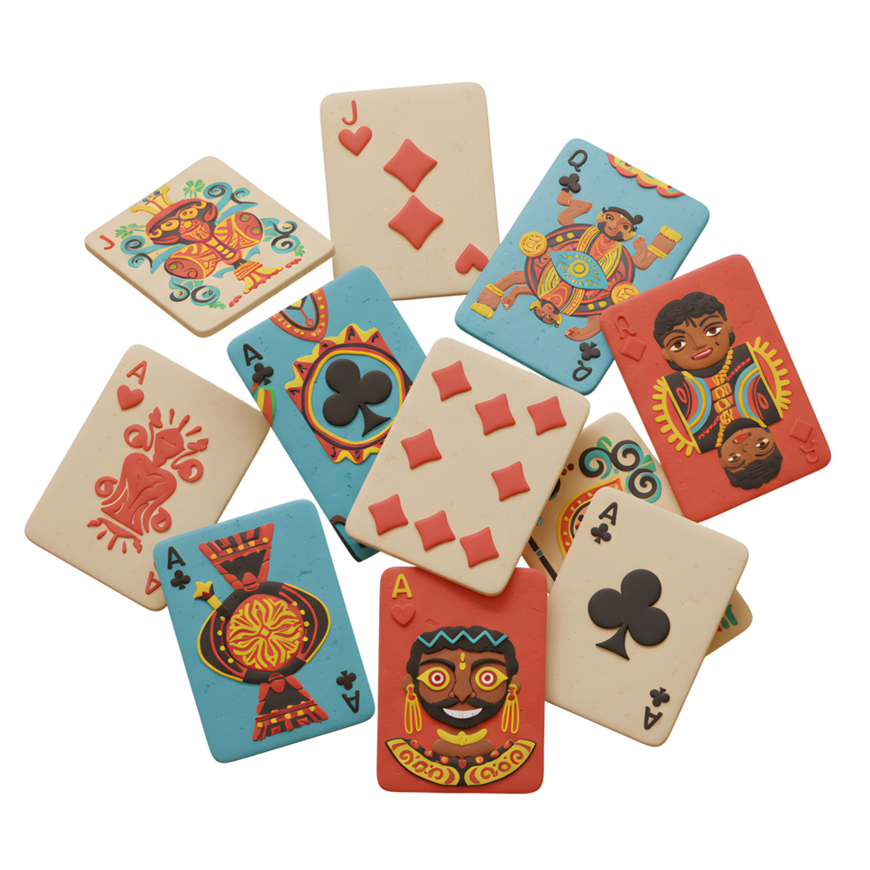 Arrangement of Illustrated Playing Cards with Ethnic Design and Colors png