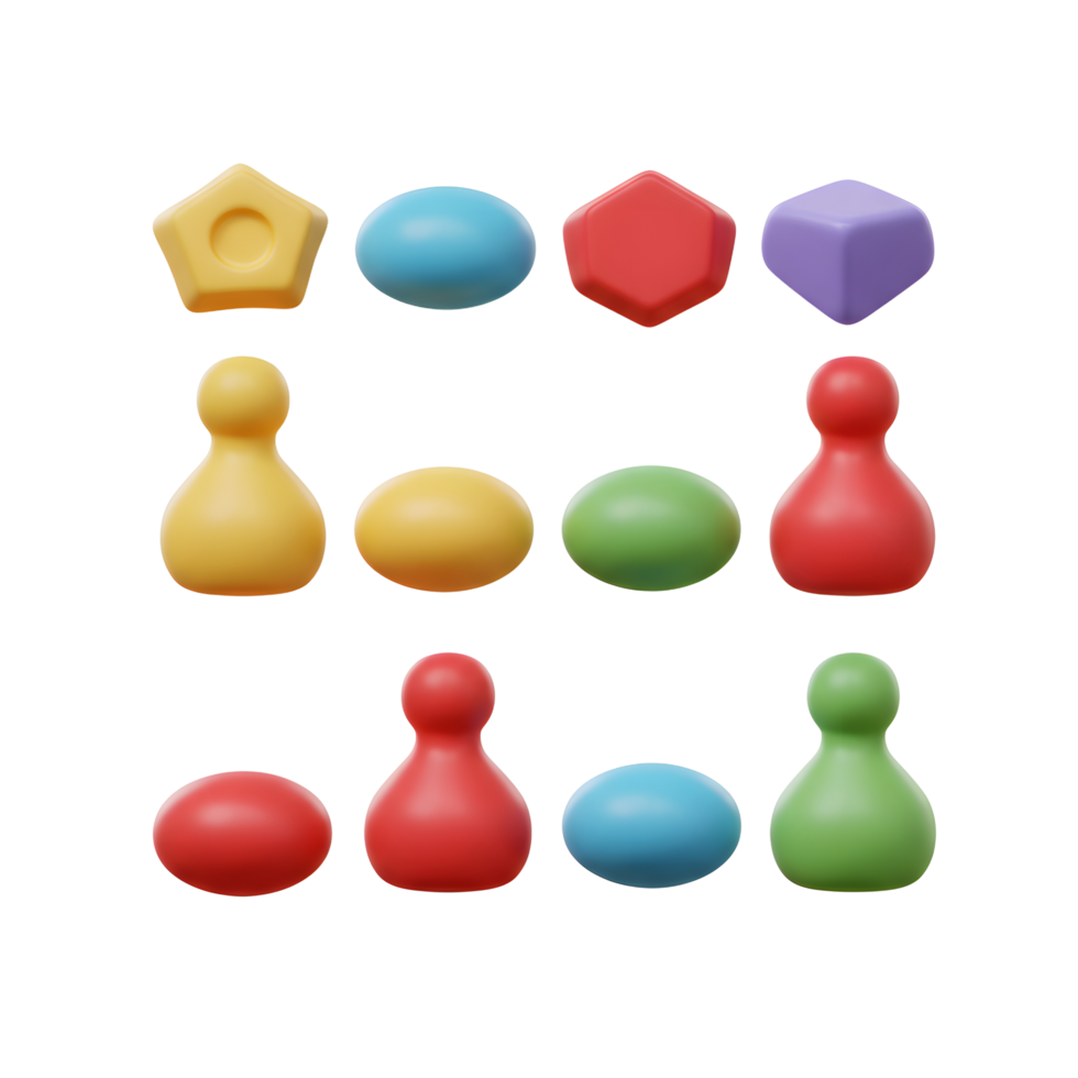A cheerful collection of vibrant, smooth 3D shapes from basic geometric forms to charming game pieces creates a playful and fun visual. The bright colors pop against the white background. png