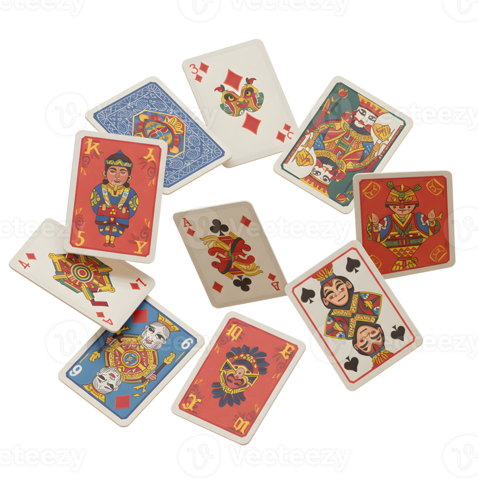 A playful scatter of vibrant playing cards, each featuring unique Asian-inspired characters and designs, floats against a stark white background. The scene is cheerful and lighthearted. png