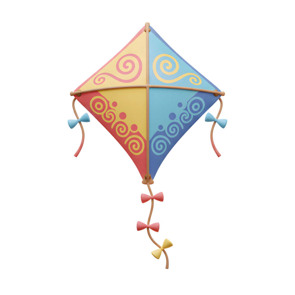 A cheerful, colorful diamond kite soars, adorned with playful swirls and charming bows. Its bright hues and whimsical design evoke joy and a sense of lighthearted fun. png