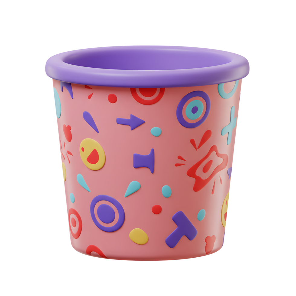 A charming pink cup, adorned with playful shapes and colors, evokes a joyful and lighthearted mood. Its vibrant design makes it perfect for kids or adding a fun touch to any setting. png