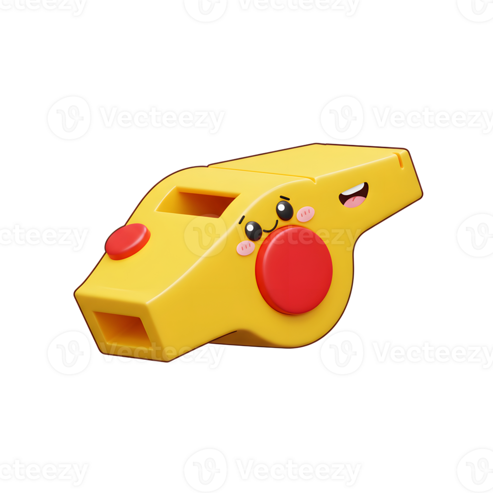 A cute, yellow whistle with a cheerful cartoon face smiles from the screen. Its red button adds a pop of color. Playful and charming png