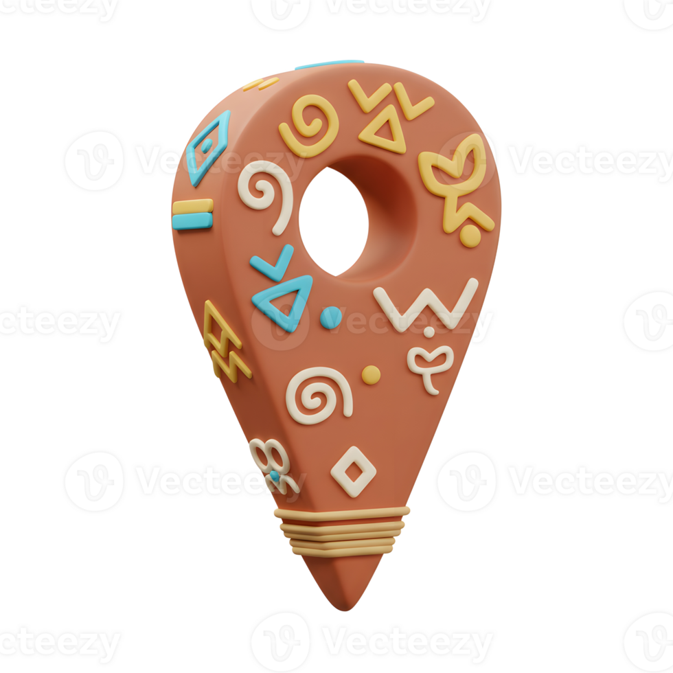 A charming terracotta map marker, adorned with playful tribal patterns and a whimsical clay-like texture. It evokes a sense of adventure and discovery png