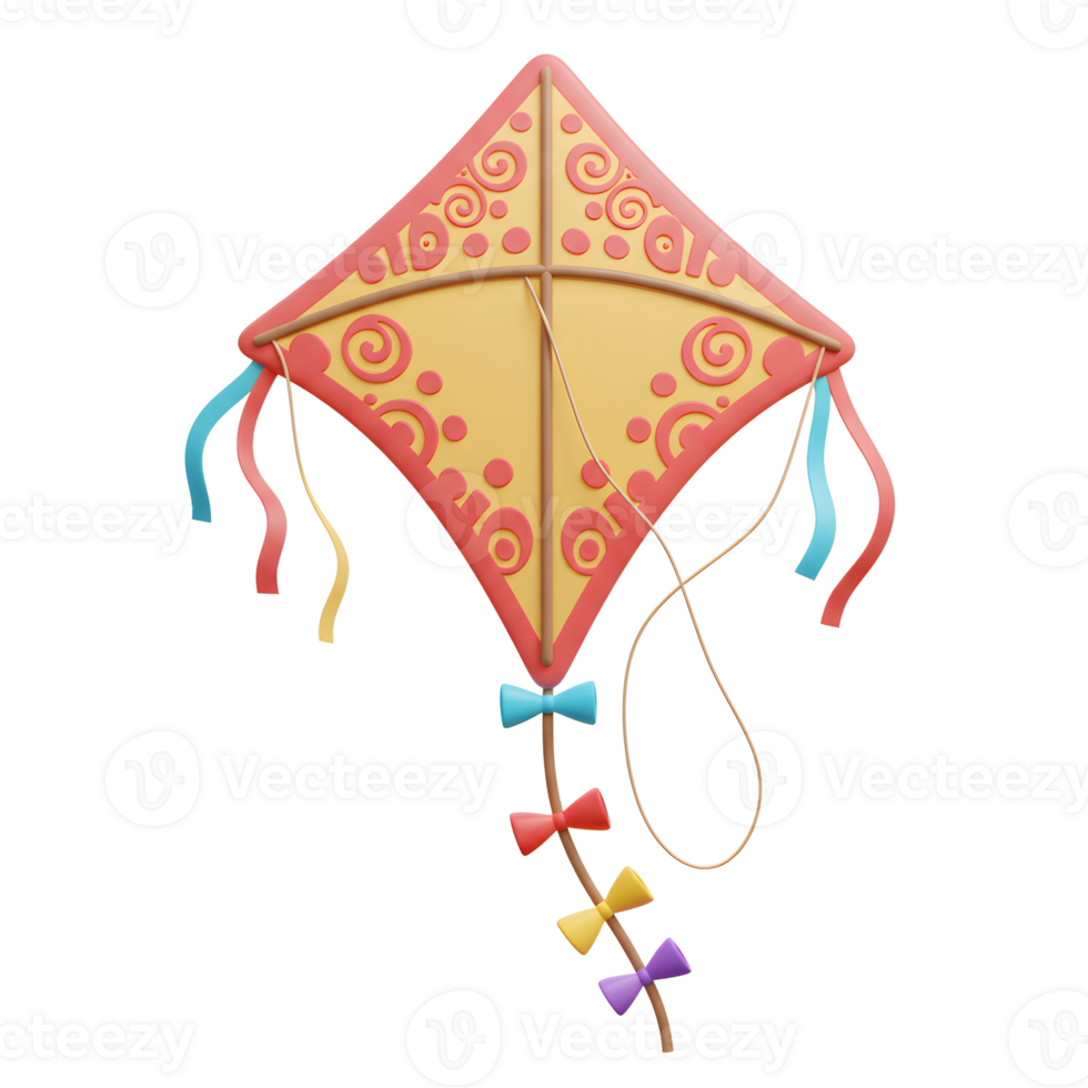 A cheerful yellow kite, adorned with playful red swirls and vibrant ribbons, dances in the air, creating a whimsical and joyful scene. png