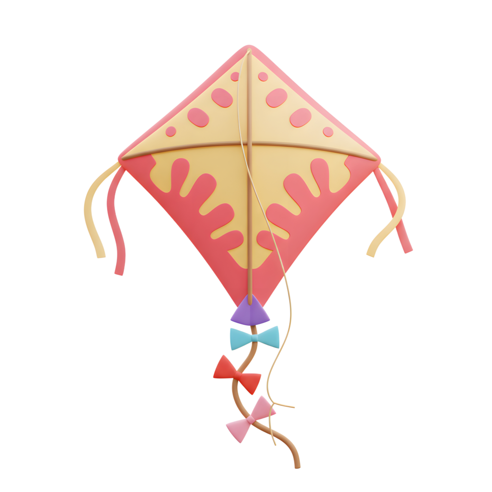 A cheerful pink and yellow kite, adorned with colorful bows, floats playfully against a white background. Its simple yet charming design evokes a sense of childlike wonder and summer fun. png