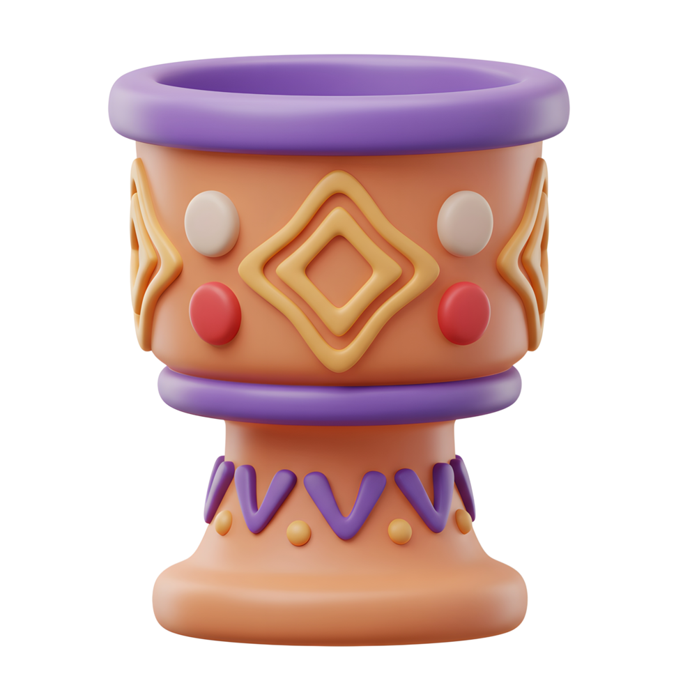 A charming, 3D-rendered goblet boasts a peachy hue and playful geometric patterns. Purple accents and colorful dots add a whimsical touch. png