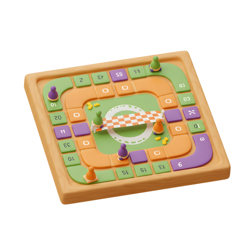 A cheerful 3D board game unfolds, featuring a charming race track with colorful game pieces and a playful design. The bright colors and whimsical elements create a fun and inviting atmosphere. png