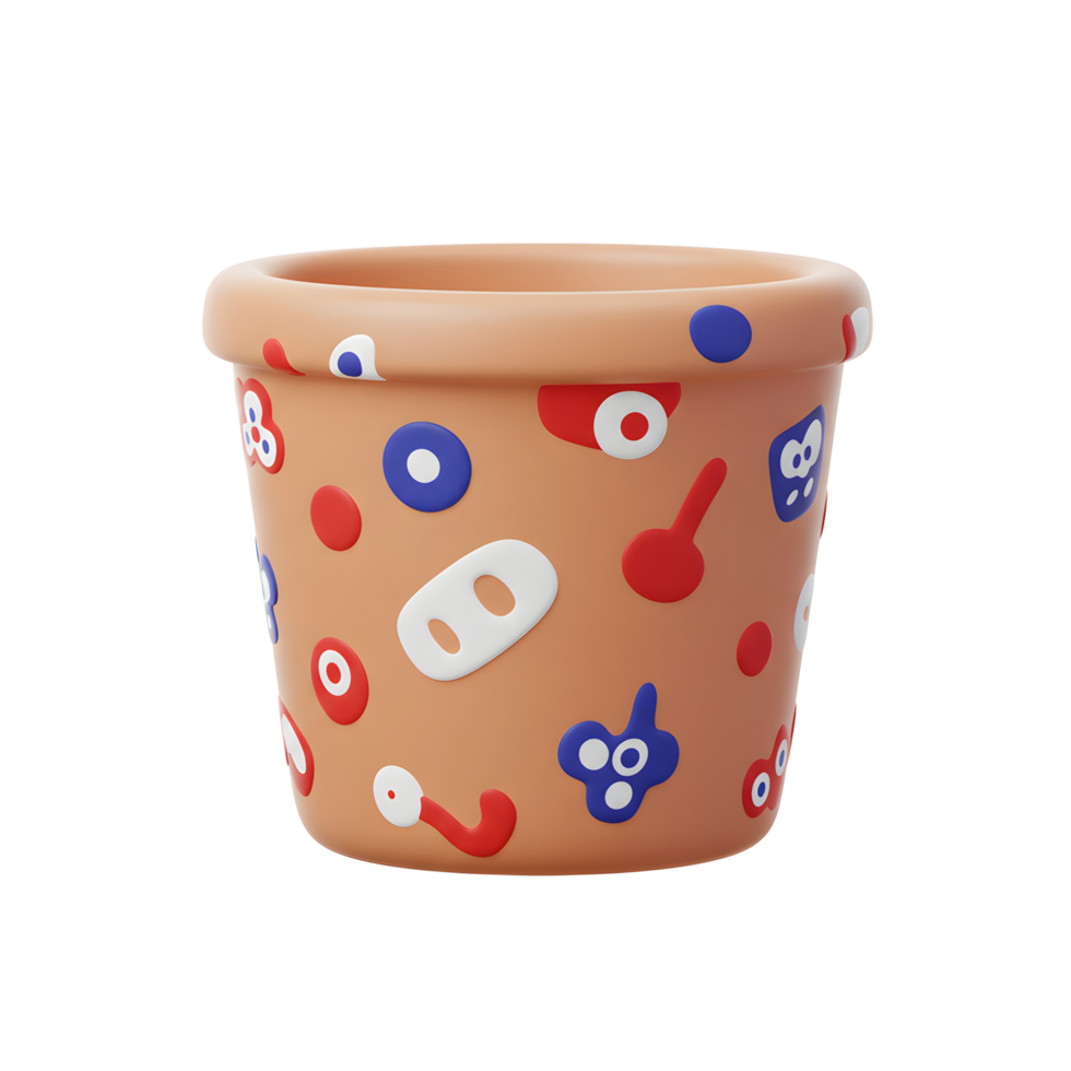 A charming terracotta pot boasts a unique, abstract design. Simple shapes in red, blue, and white playfully adorn its surface, creating a lighthearted and cheerful mood. png