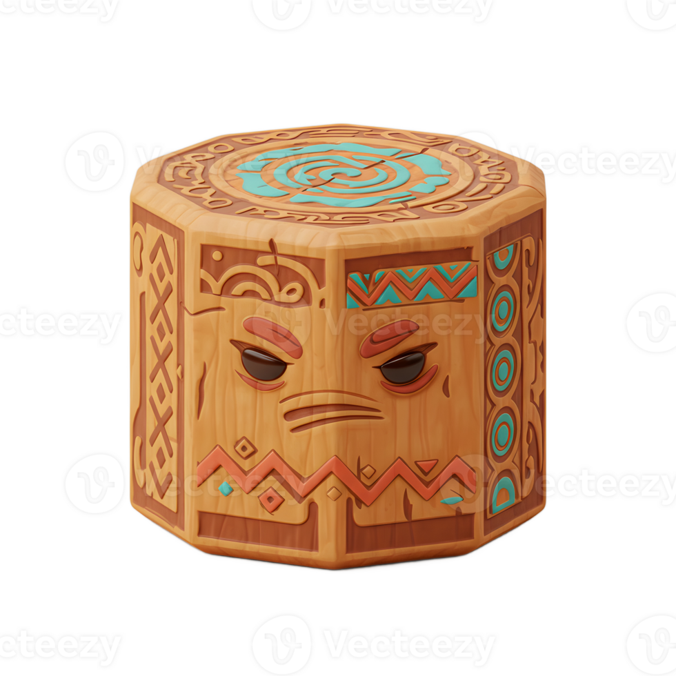 A grumpy-faced wooden totem, intricately carved with tribal patterns and a swirling top design. It's a charming, rustic piece with a playful, slightly annoyed expression. png