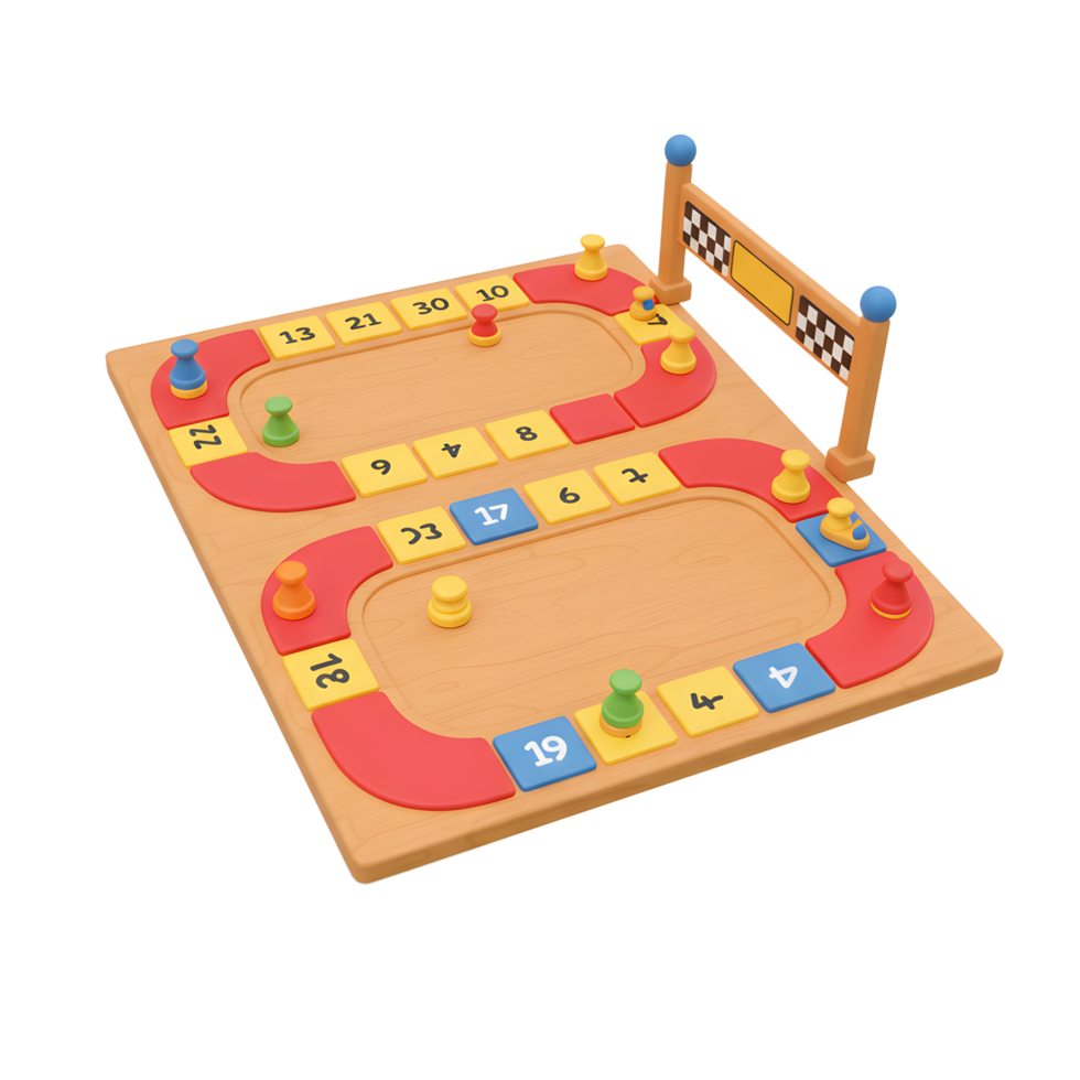 A charming wooden board game features a playful race track with colorful game pieces. The whimsical design creates a fun and engaging atmosphere perfect for family game nights. png
