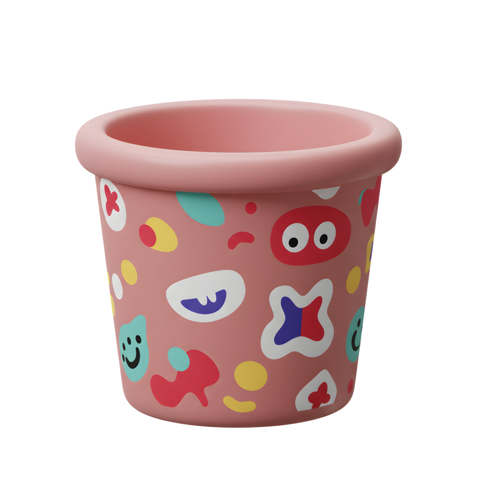A charming pink pot features a delightful array of abstract shapes and playful faces, creating a cheerful and quirky aesthetic. png