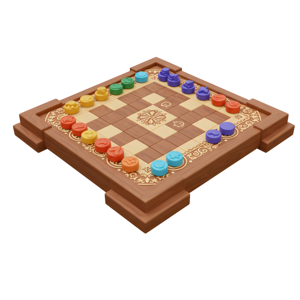 A cheerful checkers game unfolds on a richly detailed wooden board. Rainbow-colored pieces add a playful touch to the classic game. Enjoy the charming scene png