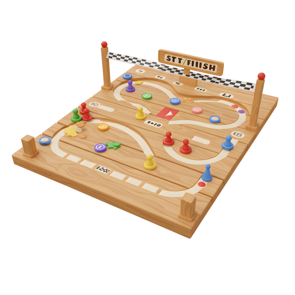 A charming wooden race track game unfolds, featuring colorful pegs navigating a winding course. The cheerful design and playful elements create a lighthearted and engaging atmosphere. png