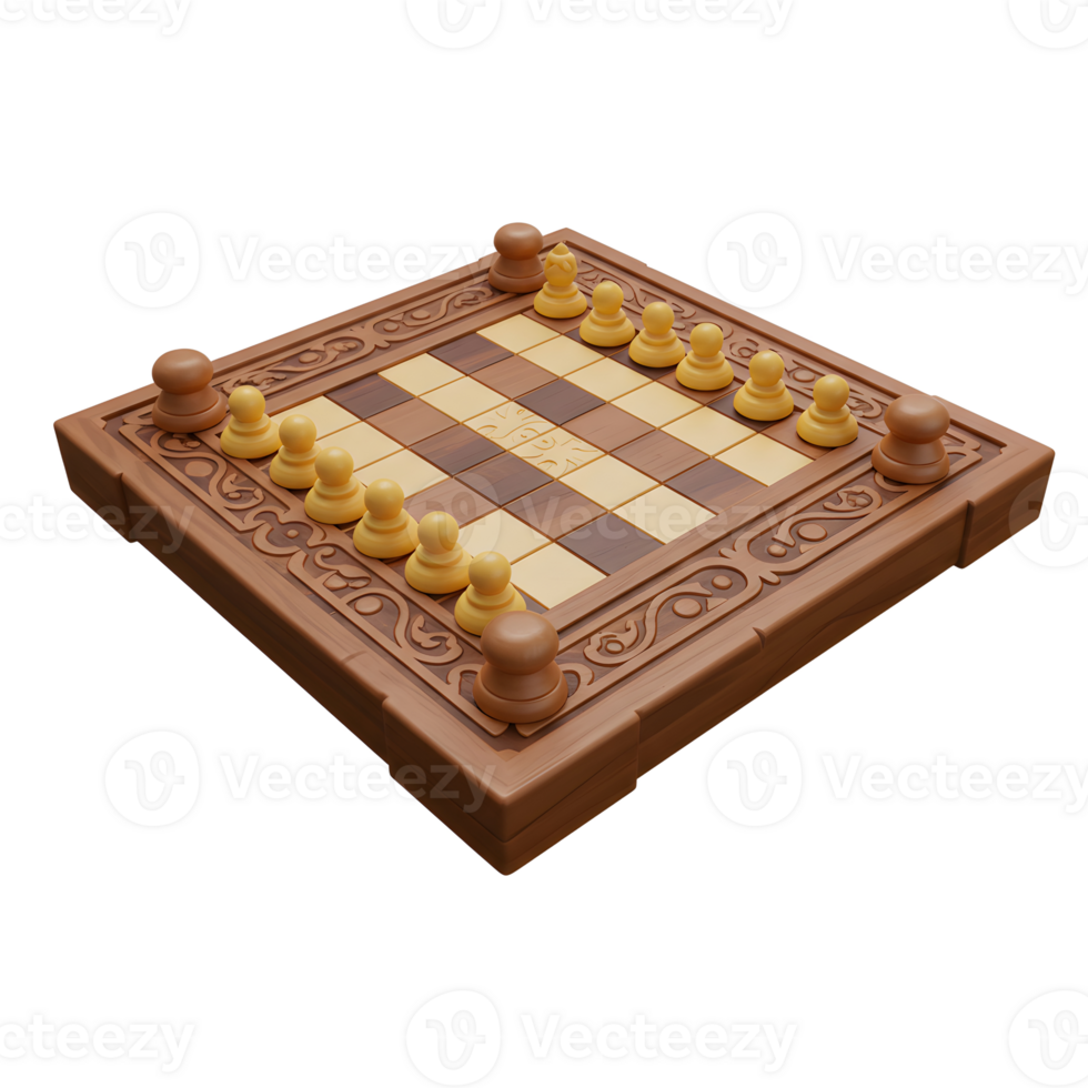 A beautifully carved wooden chessboard displays a game in progress. Warm tones and intricate details create a captivating, classic scene. png