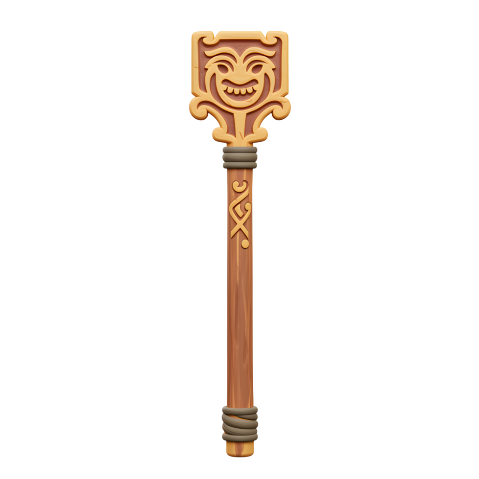A whimsical, hand-carved wooden staff features a smiling tribal mask and intricate knotwork. The warm tones and playful design create a charming, mystical feel. png