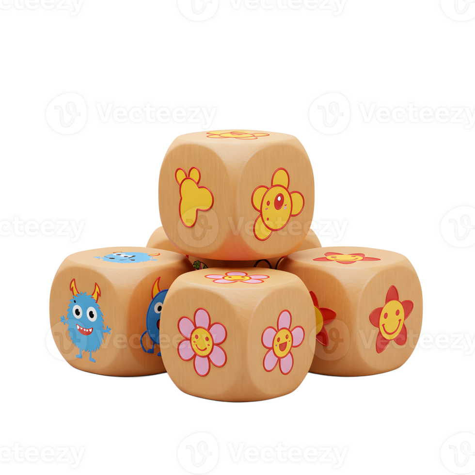 Stack of cute wooden blocks featuring friendly monsters and cheerful flowers. A playful, charming set perfect for kids png