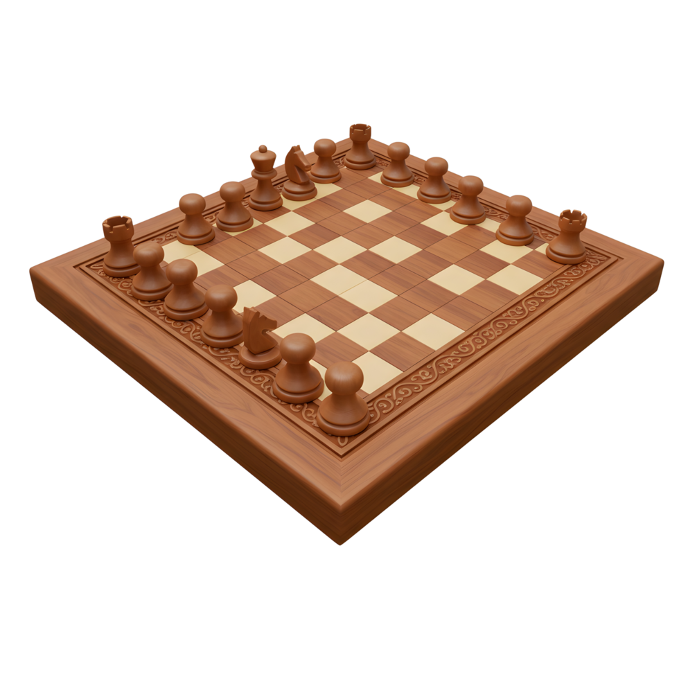 A classic chess game unfolds on an ornate wooden board. Brown pieces are set, ready for strategic play. The warm wood and calm scene evoke a sense of thoughtful contemplation. png