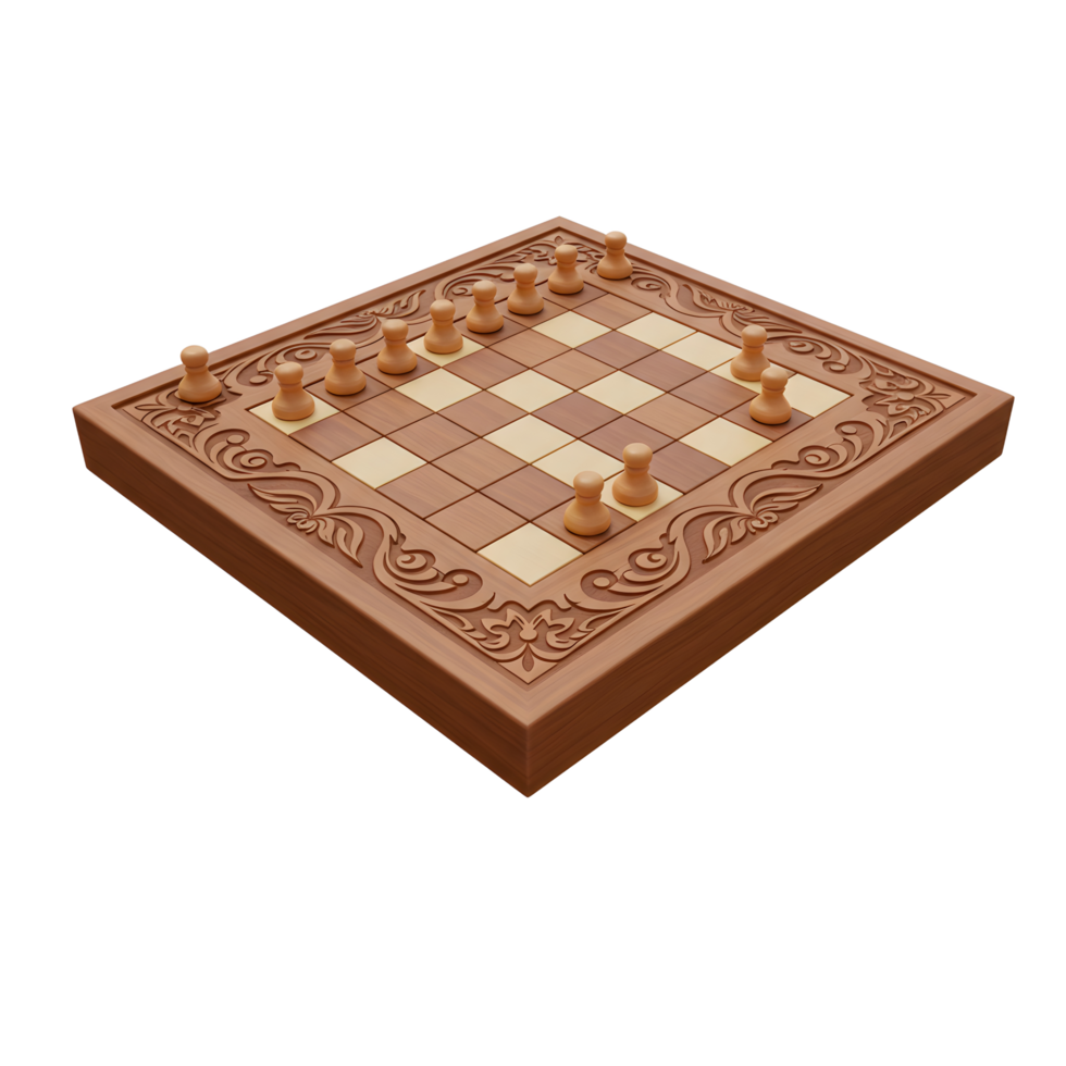 A captivating image of a beautifully carved wooden chessboard, showcasing a mid-game setup. Intricate floral designs adorn the frame, enhancing the warm, classic feel. png
