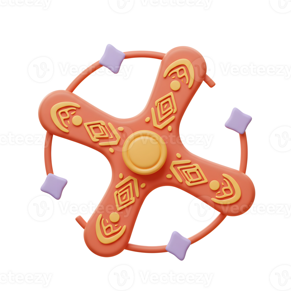 A cheerful, stylized 3D render of a spinner toy. Coral and gold patterns pop against a pastel background, creating a fun, playful vibe. png