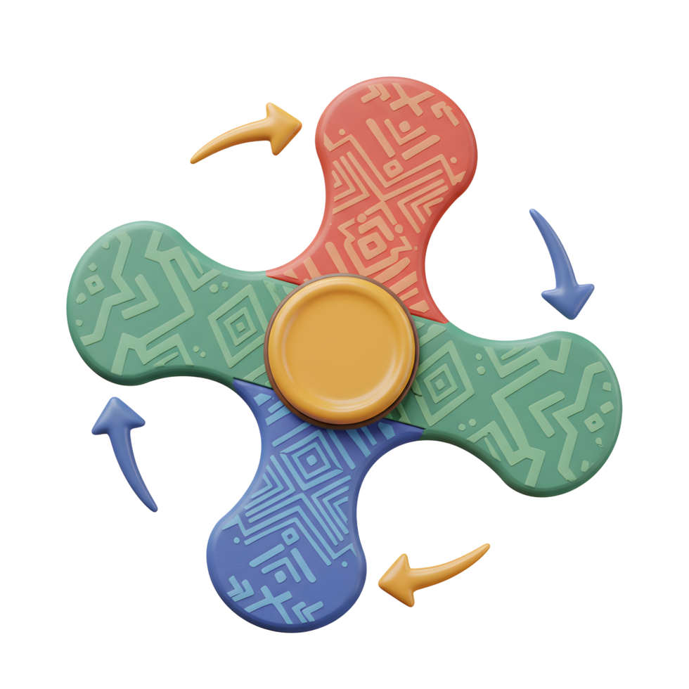 A vibrant fidget spinner spins effortlessly, its pastel-colored blades adorned with intricate geometric patterns. A joyful and calming design. png