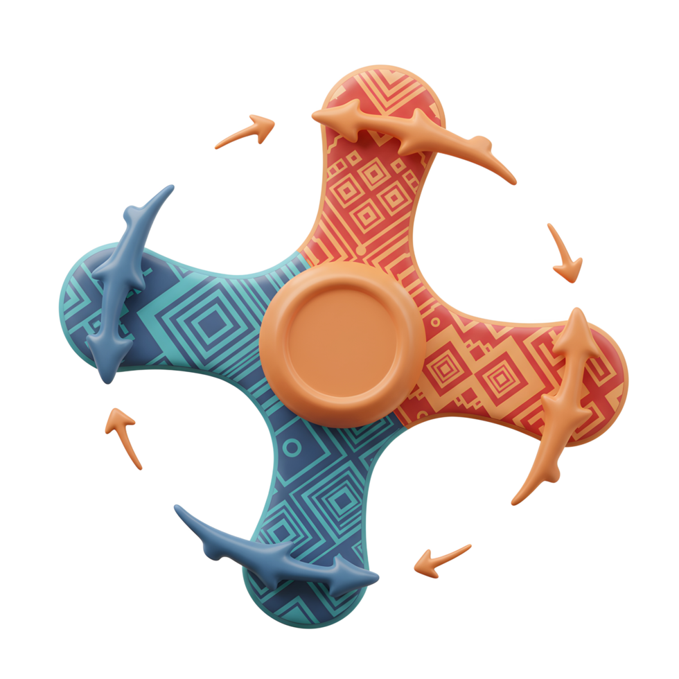 A captivating hand spinner showcases vibrant teal and red geometric patterns. Its playful design and smooth rotation create a calming, visually engaging experience. png