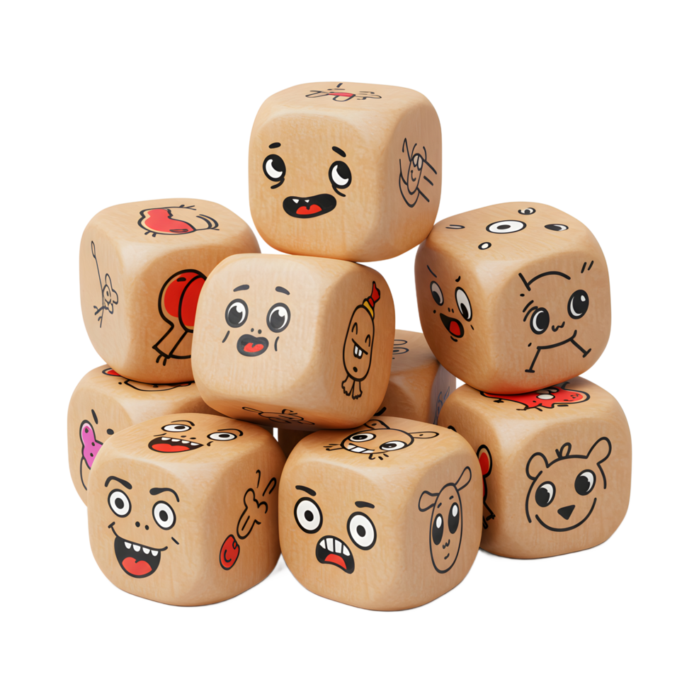 A charming pile of wooden cubes, each adorned with a unique cartoon face, creates a joyful and lighthearted scene. The playful expressions and simple style evoke a sense of fun. png