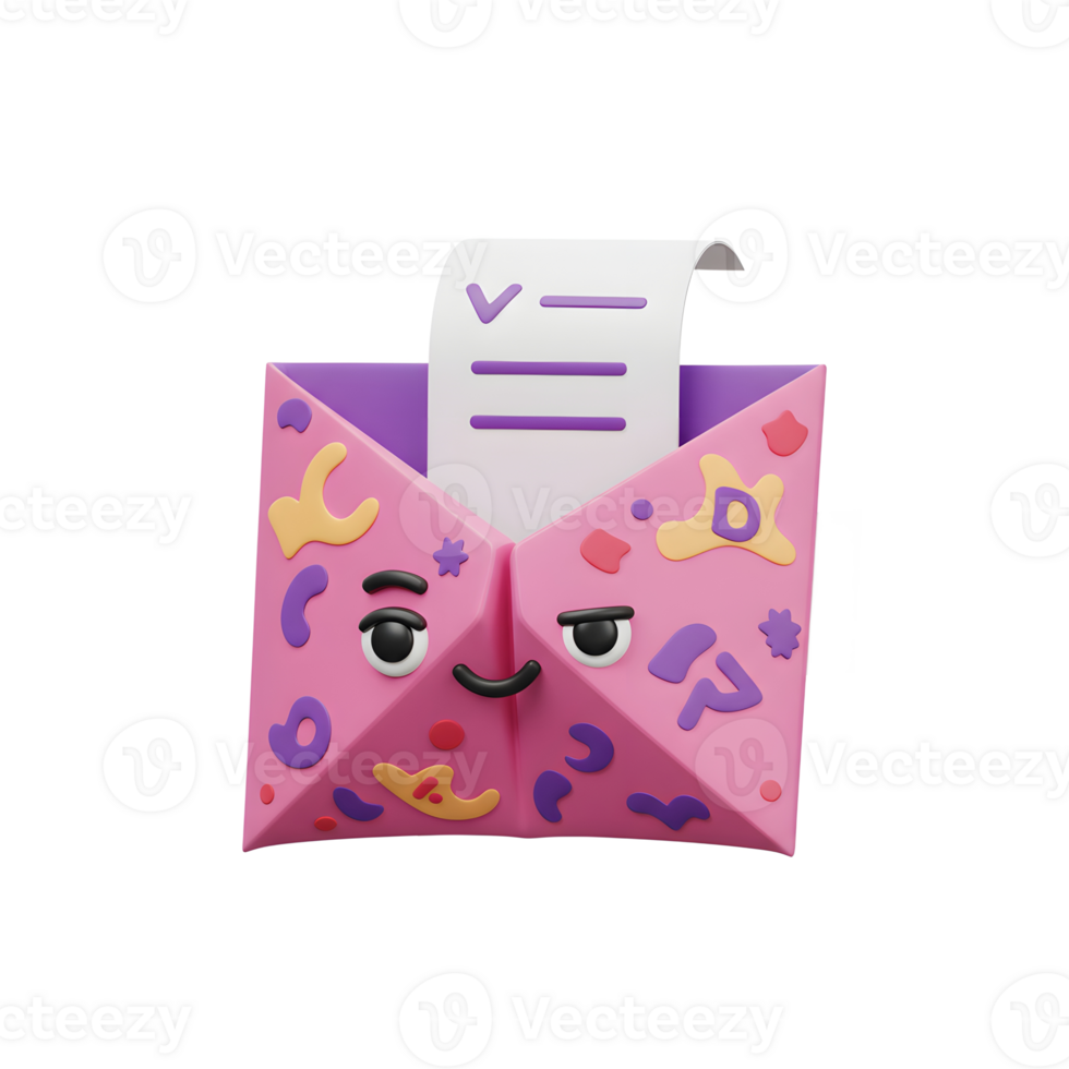 A cheerful pink fortune cookie-shaped envelope holds a checklist, creating a fun and quirky illustration. The playful design adds a touch of whimsy. png