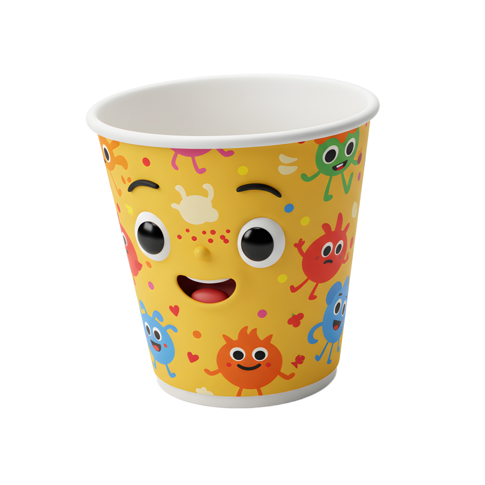 A cheerful yellow paper cup features a smiling cartoon face and playful monster designs, creating a fun and lighthearted atmosphere. Perfect for kids png