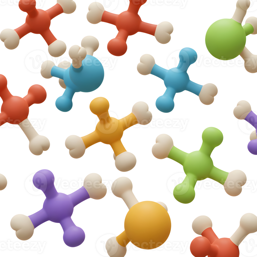 A vibrant collection of colorful, playful molecular structures dances across a white background, creating a cheerful and lighthearted 3D scene. png