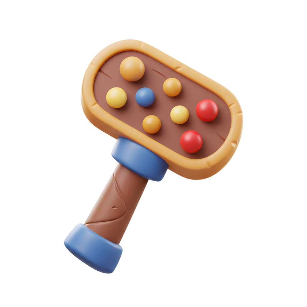 A whimsical cartoon hammer features a brown wooden handle and head adorned with vibrant, multicolored balls. Playful and charming, it evokes a sense of fun. png