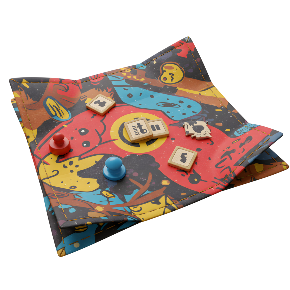 A vibrant game mat bursts with playful doodles and quirky characters. Colorful wooden game pieces are scattered across the surface, creating a fun and engaging atmosphere. png